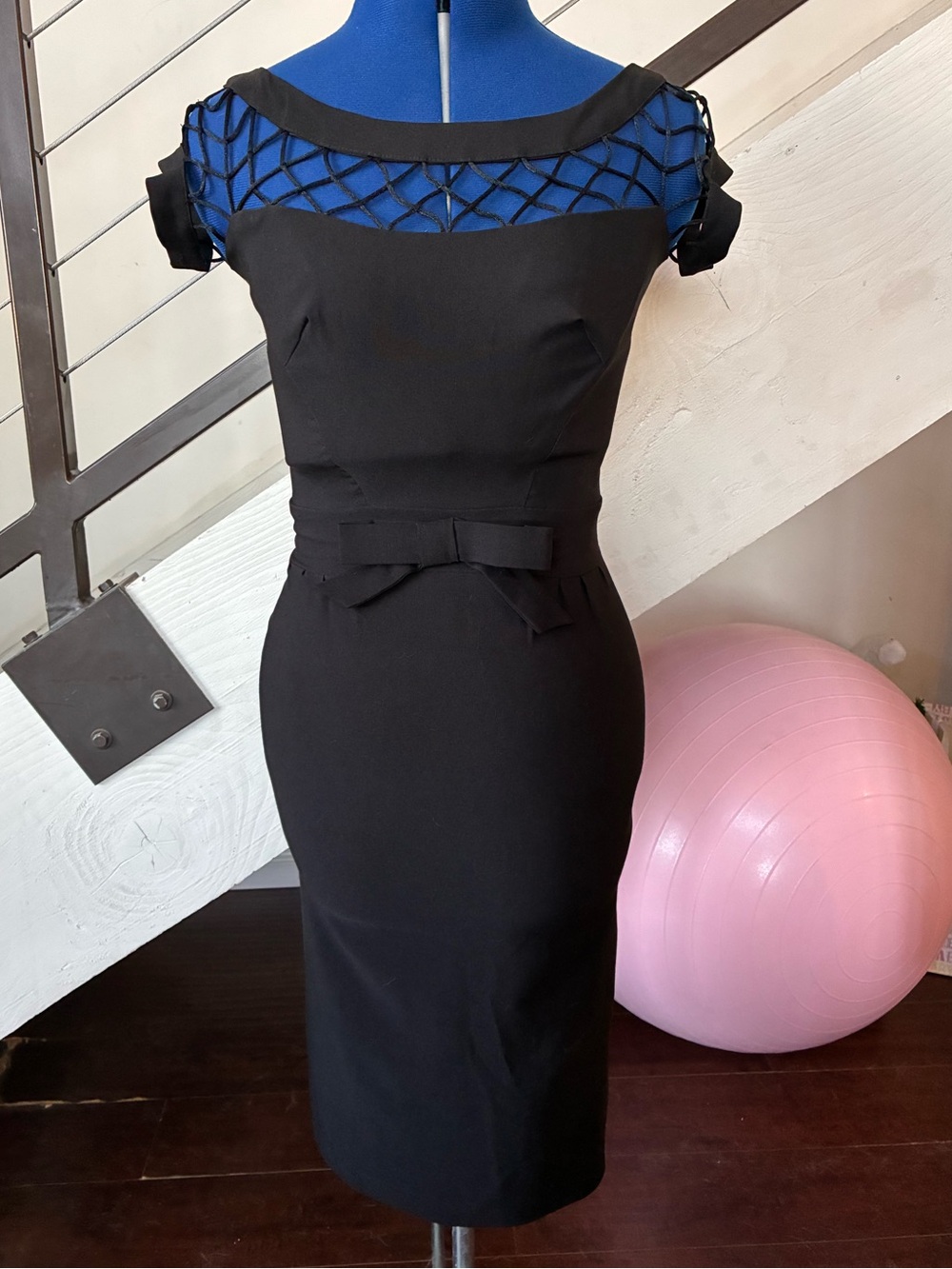 Tatyana Black Midi Dress with Lattice Mesh Yoke